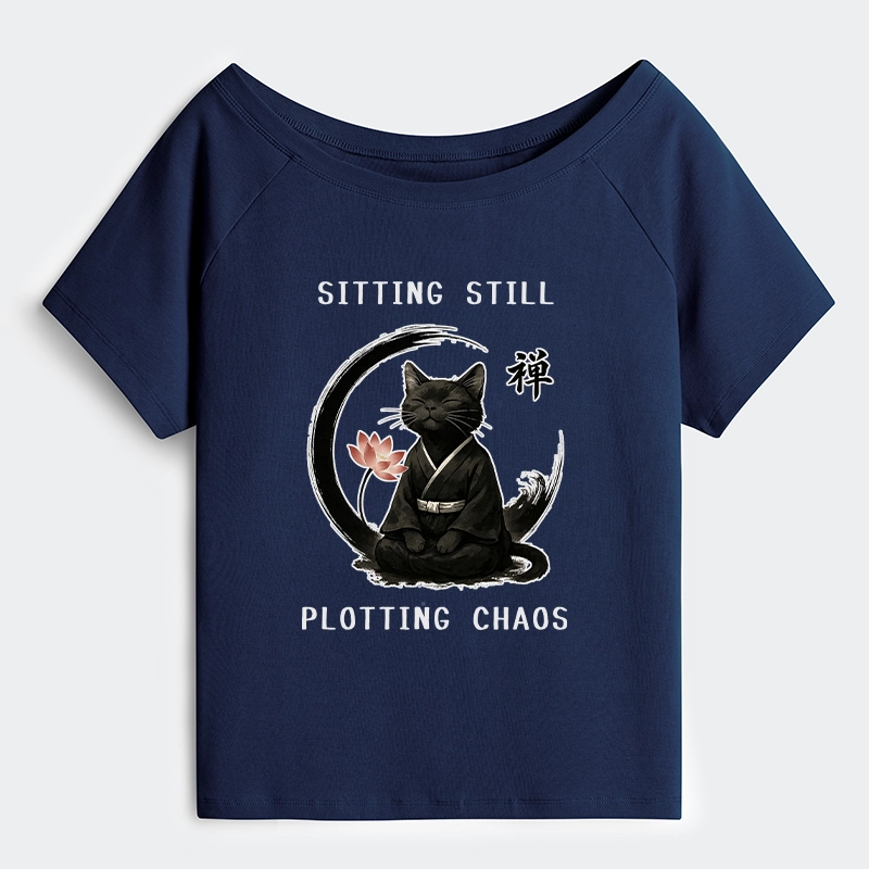 Tokyo-Tiger Sitting still  plotting chaos Calming Zen Cat Funny Off Shoulder T-Shirt