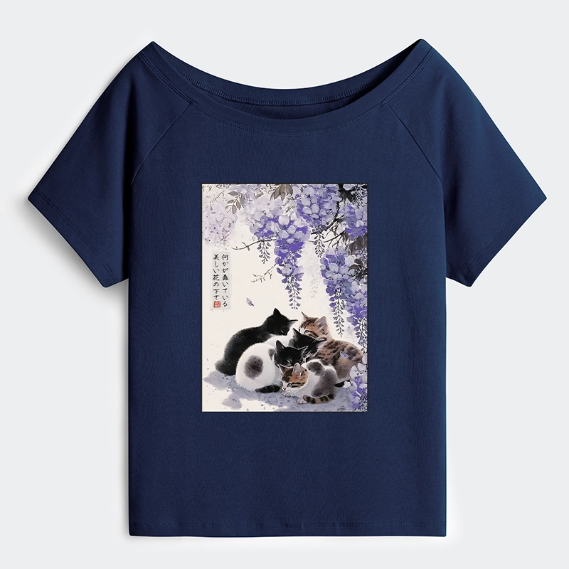 Tokyo-Tiger Cats plotting under the wisteria Off Shoulder T-Shirt
