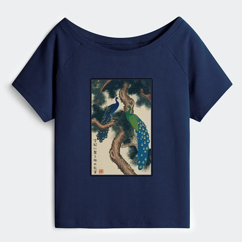 Tokyo-Tiger Peacocks in Snowy Pines Off Shoulder T-Shirt Sale