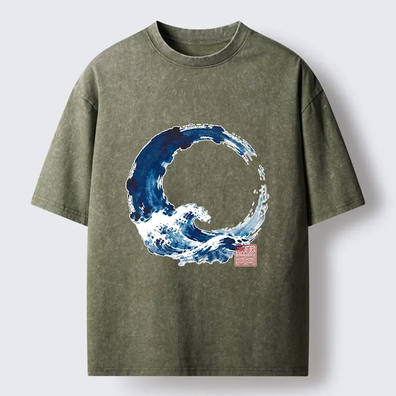 Tokyo-Tiger Zen Circle Blue Wave Art Washed T-Shirt