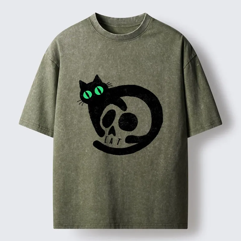 Tokyo-Tiger Spooky Black Cat Skull Meme Washed T-Shirt Sale