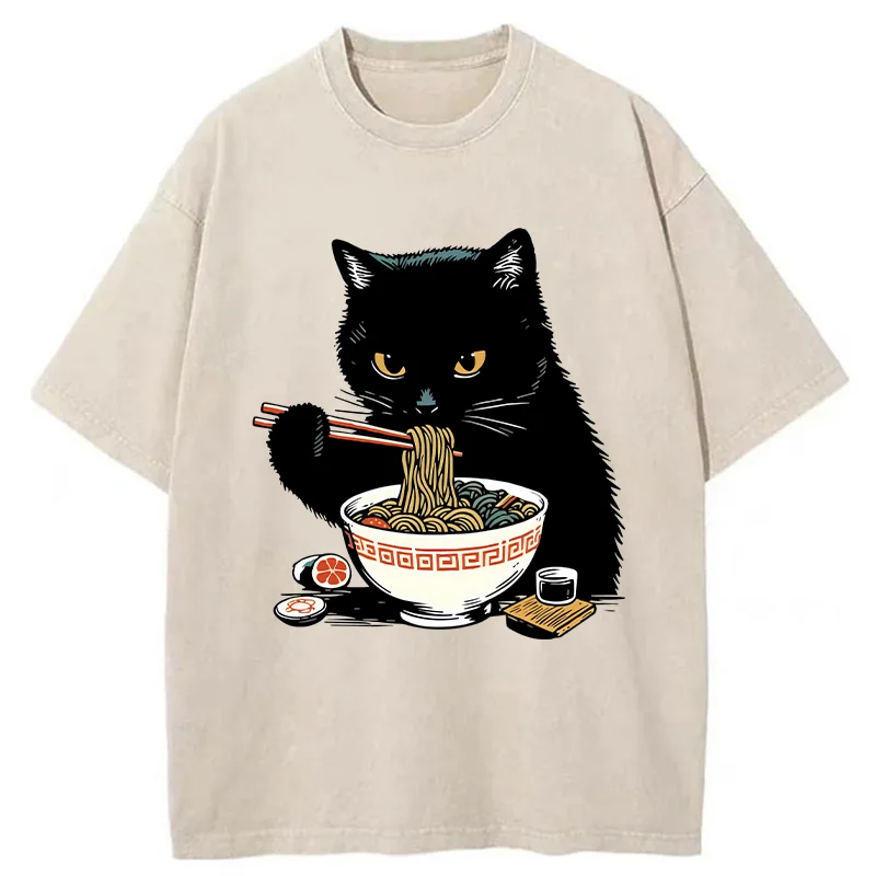 Tokyo-Tiger Cat Eating Favorite Ramen Washed T-Shirt