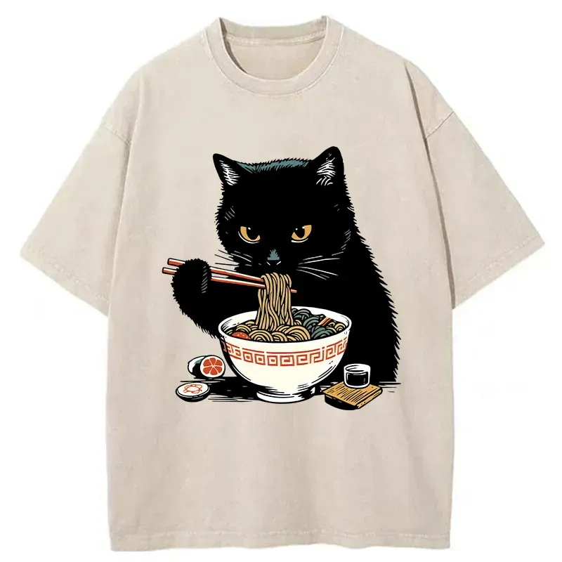 Tokyo-Tiger Cat Eating Favorite Ramen Washed T-Shirt