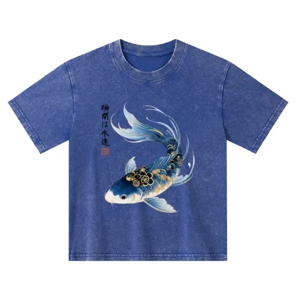 Tokyo-Tiger Elegant Koi Fish Watercolor Art Kids Washed T-Shirt