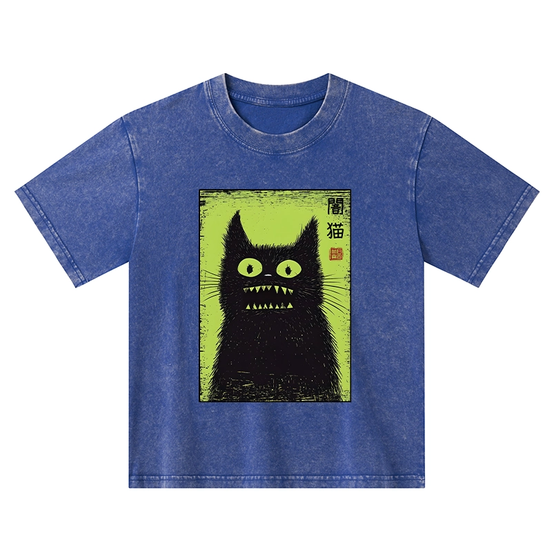 Tokyo-Tiger Spooky Black Cat Japanese Kids Washed T-Shirt
