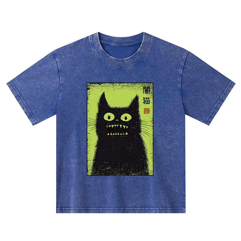 Tokyo-Tiger Spooky Black Cat Japanese Kids Washed T-Shirt