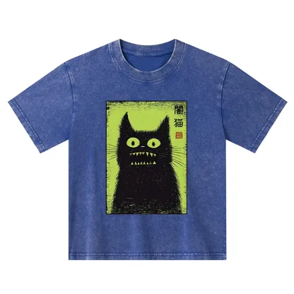 Tokyo-Tiger Spooky Black Cat Japanese Kids Washed T-Shirt