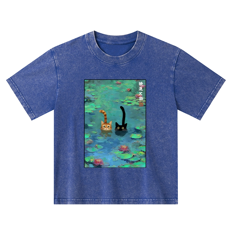 Tokyo-Tiger Funny Cats Swimming In Lilies Kids Washed T-Shirt