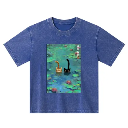 Tokyo-Tiger Funny Cats Swimming In Lilies Kids Washed T-Shirt