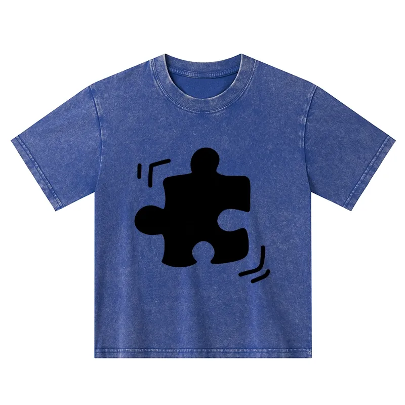 Tokyo-Tiger Black Puzzle Piece Kids Washed T-Shirt