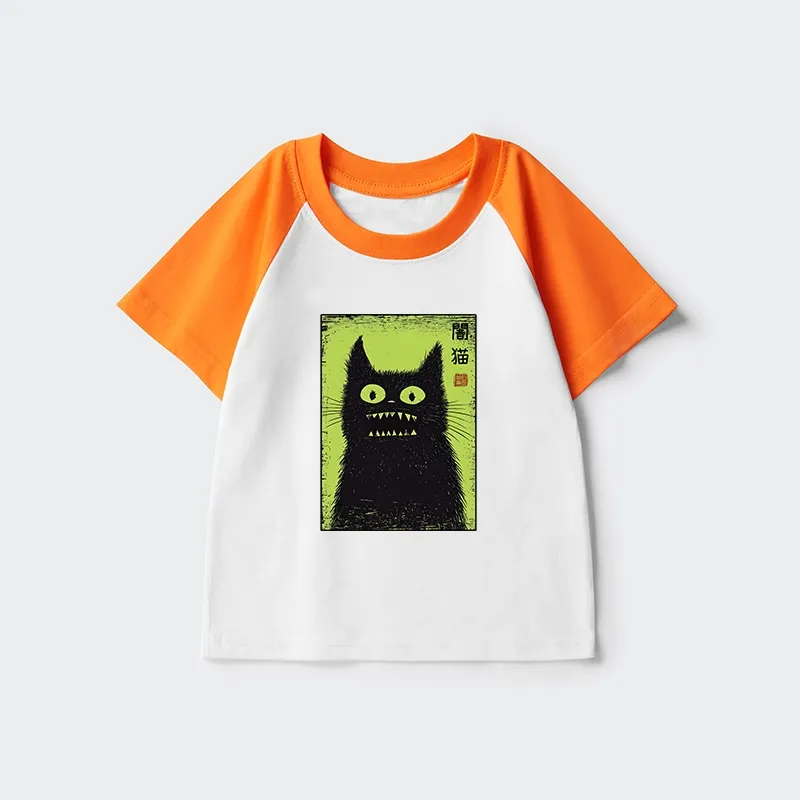 Tokyo-Tiger Spooky Black Cat Japanese Kids Raglan T-shirt Sale