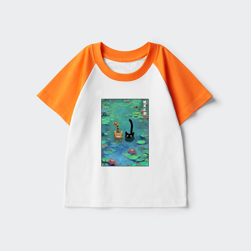 Tokyo-Tiger Funny Cats Swimming In Lilies Kids Raglan T-shirt