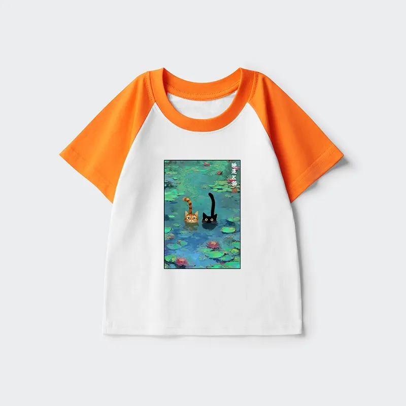 Tokyo-Tiger Funny Cats Swimming In Lilies Kids Raglan T-shirt