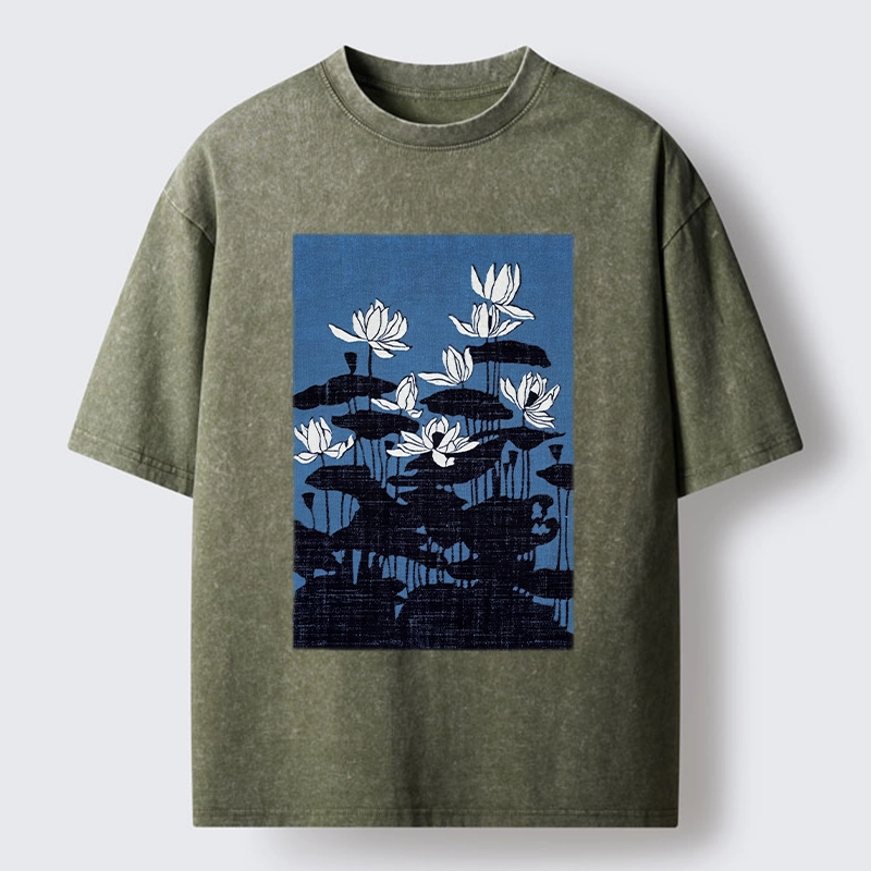Tokyo-Tiger Blue Lotus Japanese Art Washed T-Shirt