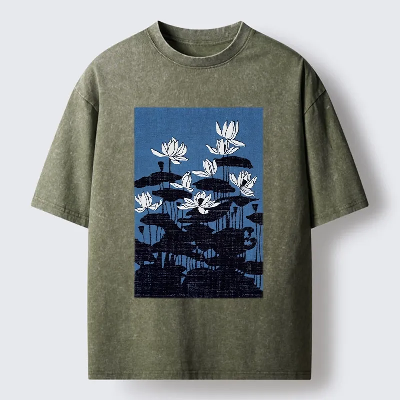 Tokyo-Tiger Blue Lotus Japanese Art Washed T-Shirt