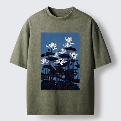 Tokyo-Tiger Blue Lotus Japanese Art Washed T-Shirt