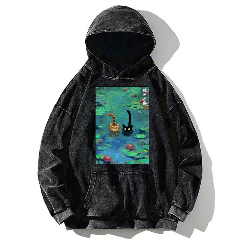 Tokyo-Tiger Funny Cats Swimming In Lilies Washed Hoodie