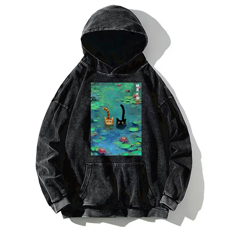 Tokyo-Tiger Funny Cats Swimming In Lilies Washed Hoodie