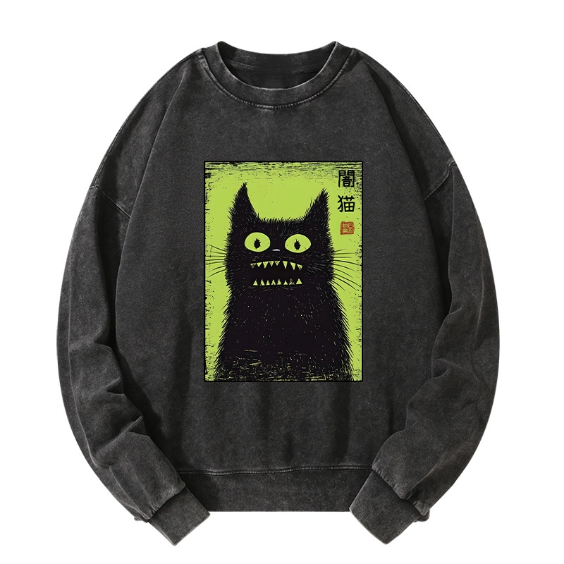 Tokyo-Tiger Spooky Black Cat Japanese Washed Sweatshirt