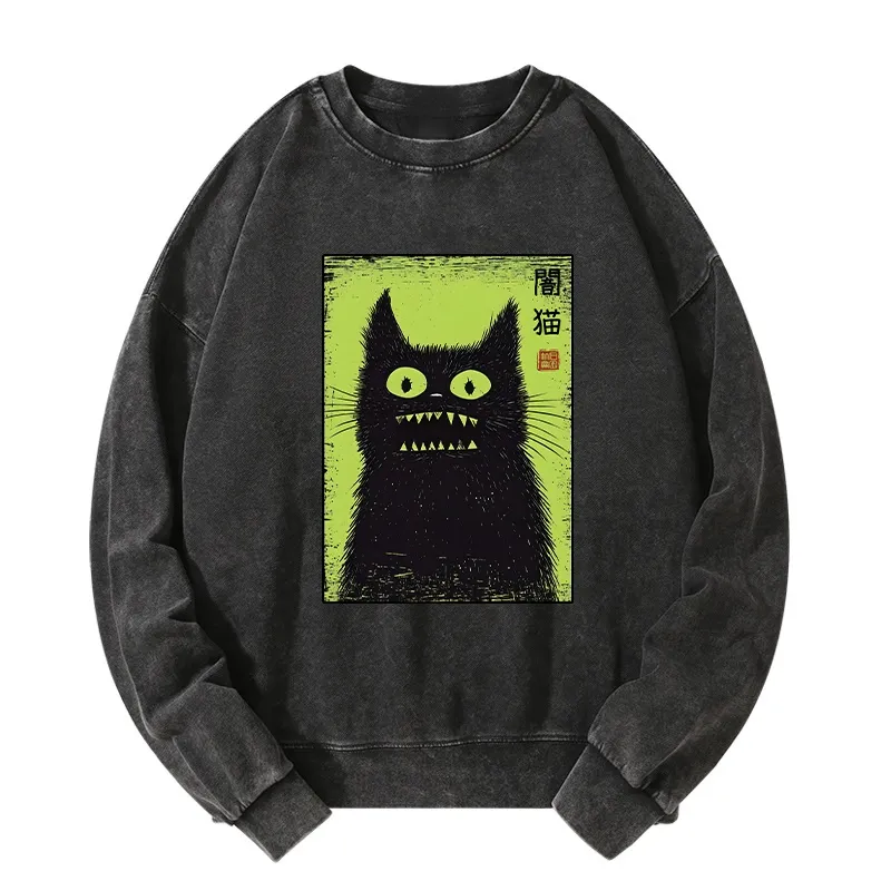 Tokyo-Tiger Spooky Black Cat Japanese Washed Sweatshirt Sale
