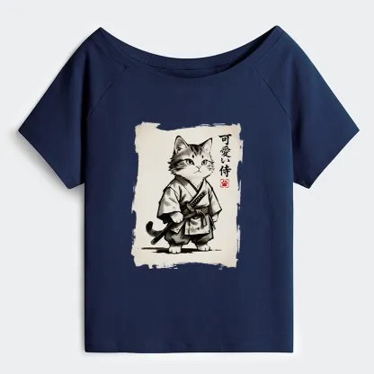 Tokyo-Tiger Japanese Samurai Cat Illustration Off Shoulder T-Shirt