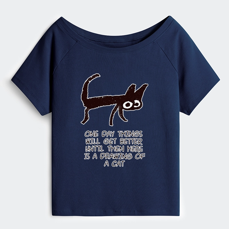 Tokyo-Tiger Cat Cheer Up Drawing Off Shoulder T-Shirt