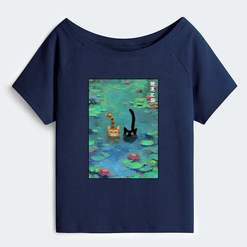 Tokyo-Tiger Funny Cats Swimming In Lilies Off Shoulder T-Shirt