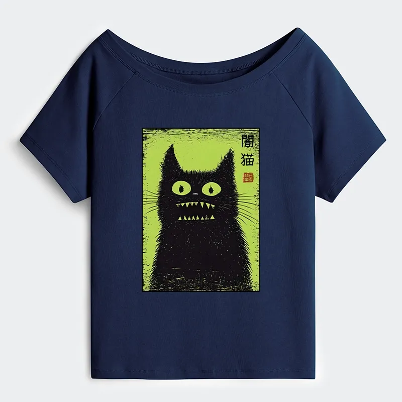 Tokyo-Tiger Spooky Black Cat Japanese Off Shoulder T-Shirt