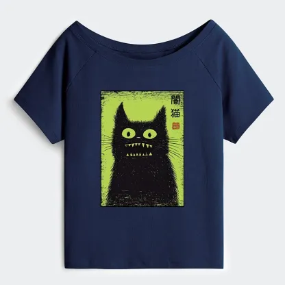 Tokyo-Tiger Spooky Black Cat Japanese Off Shoulder T-Shirt