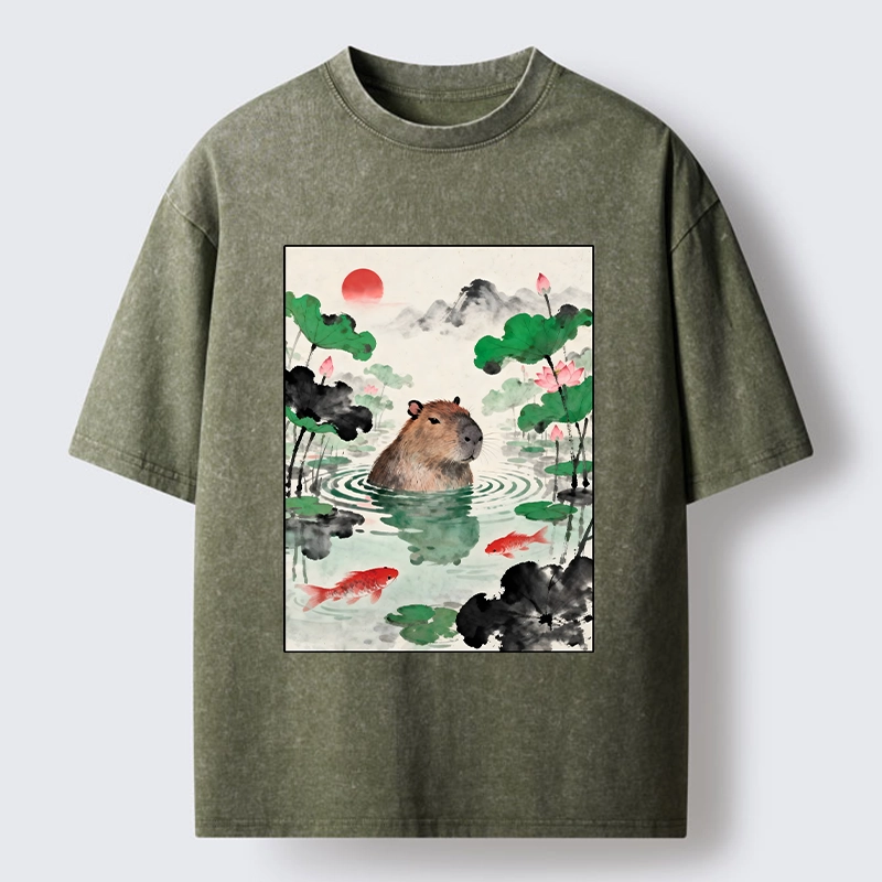 Tokyo-Tiger Chill Capybara In Water Washed T-Shirt