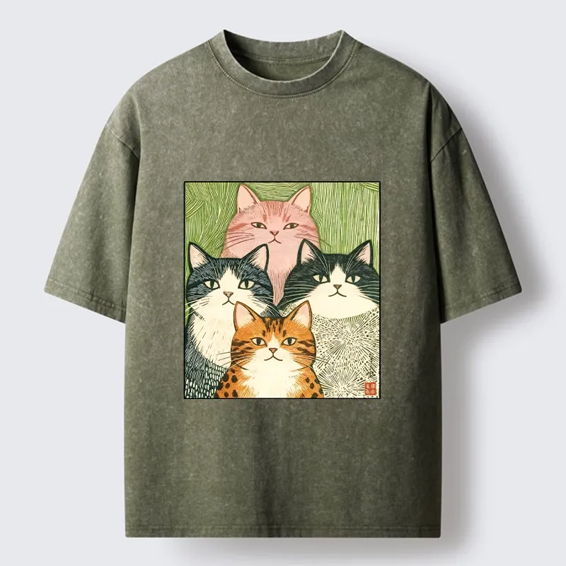 Tokyo-Tiger Funny Cat Squad Washed T-Shirt