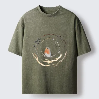 Tokyo-Tiger Cute Robin On Branch Washed T-Shirt