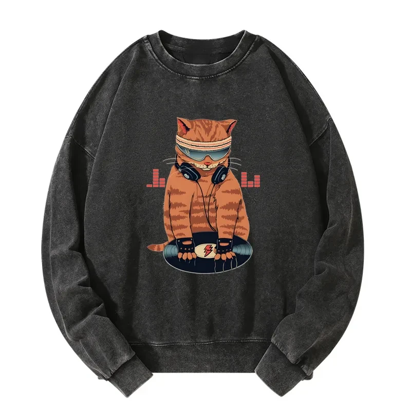 Tokyo-Tiger Funny Cat DJ Washed Sweatshirt Sale