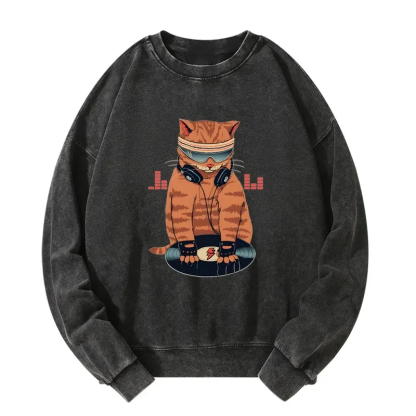 Tokyo-Tiger Funny Cat DJ Washed Sweatshirt