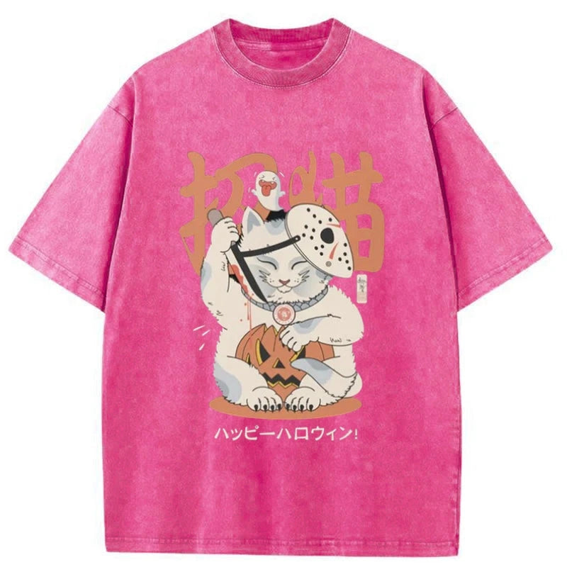 Tokyo-Tiger Halloween Cat Maneki Neko Japanese Washed T-Shirt