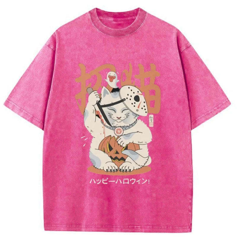 Tokyo-Tiger Halloween Cat Maneki Neko Japanese Washed T-Shirt