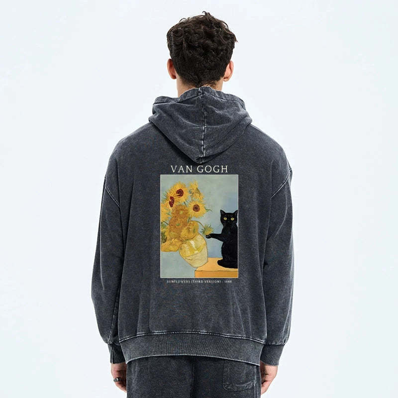 Tokyo-Tiger Black Cat With Sunflowers Washed Zip Hoodie