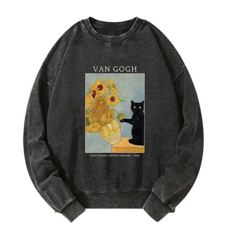 Tokyo-Tiger Black Cat With Sunflowers Washed Sweatshirt