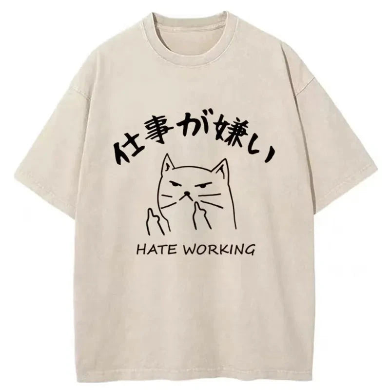 Tokyo-Tiger A Cat That Hates Work Washed T-Shirt-tokyo-tiger