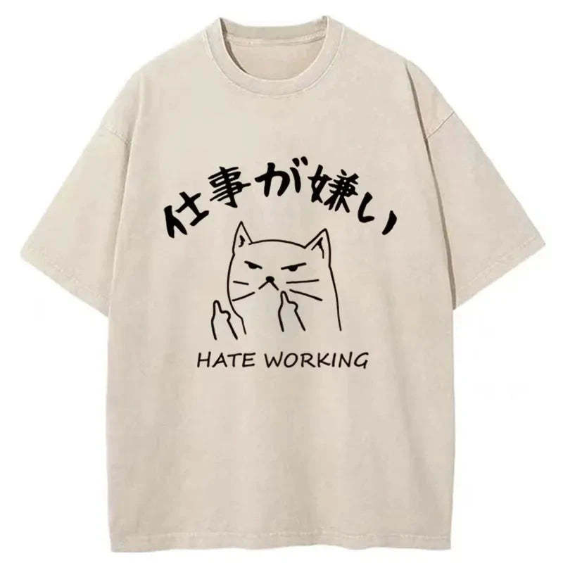 Tokyo-Tiger A Cat That Hates Work Washed T-Shirt-tokyo-tiger