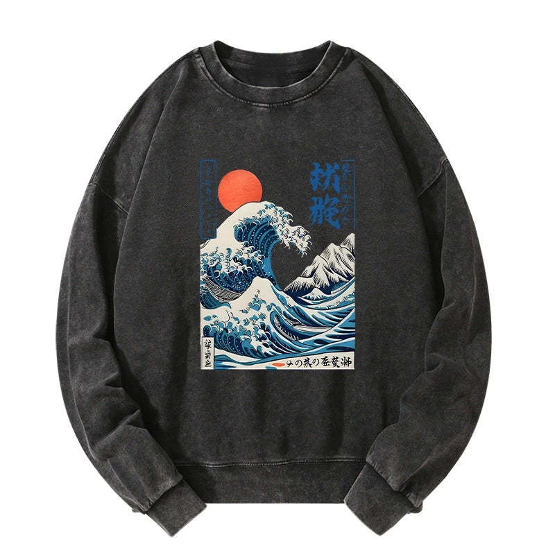Tokyo-Tiger Ukiyo-e Ocean Waves Japan Washed Sweatshirt Sale