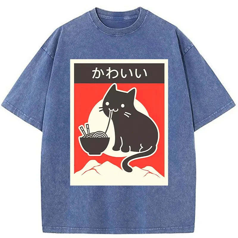 Tokyo-Tiger Kawaii Vintage Ramen Cat Washed T-Shirt