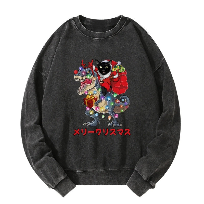 Tokyo-Tiger Cat Riding Dinosaur Christmas Washed Sweatshirt