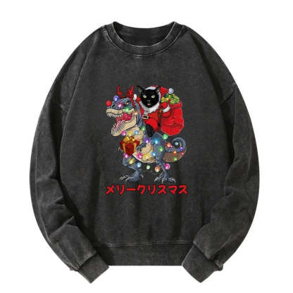 Tokyo-Tiger Cat Riding Dinosaur Christmas Washed Sweatshirt