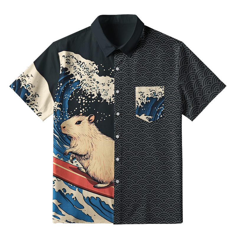 Tokyo-Tiger Capybara Surfing Button-up Shirt