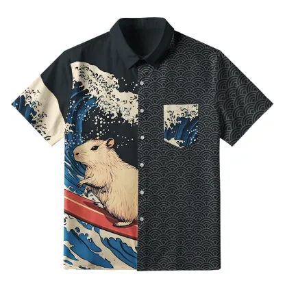 Tokyo-Tiger Capybara Surfing Button-up Shirt