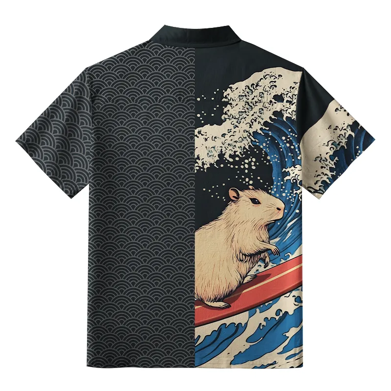 Tokyo-Tiger Capybara Surfing Button-up Shirt