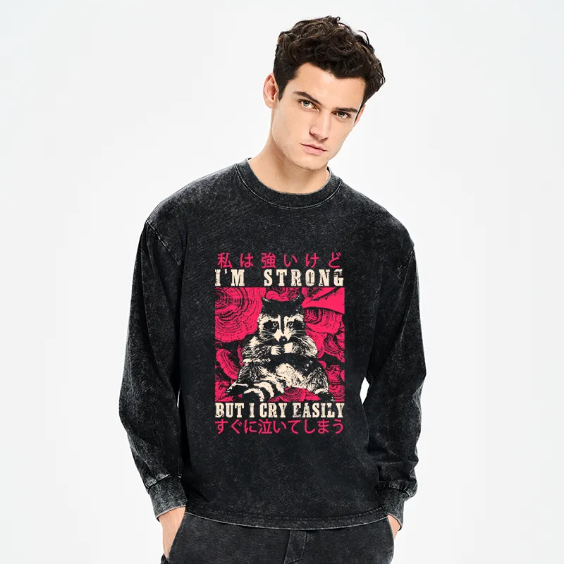 Tokyo-Tiger I Am Strong Raccoon Washed Long Sleeve T-Shirt