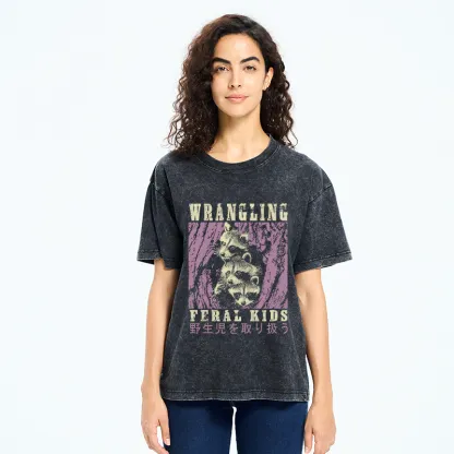 Tokyo-Tiger Wrangling Feral Raccoon Kids Washed T-Shirt