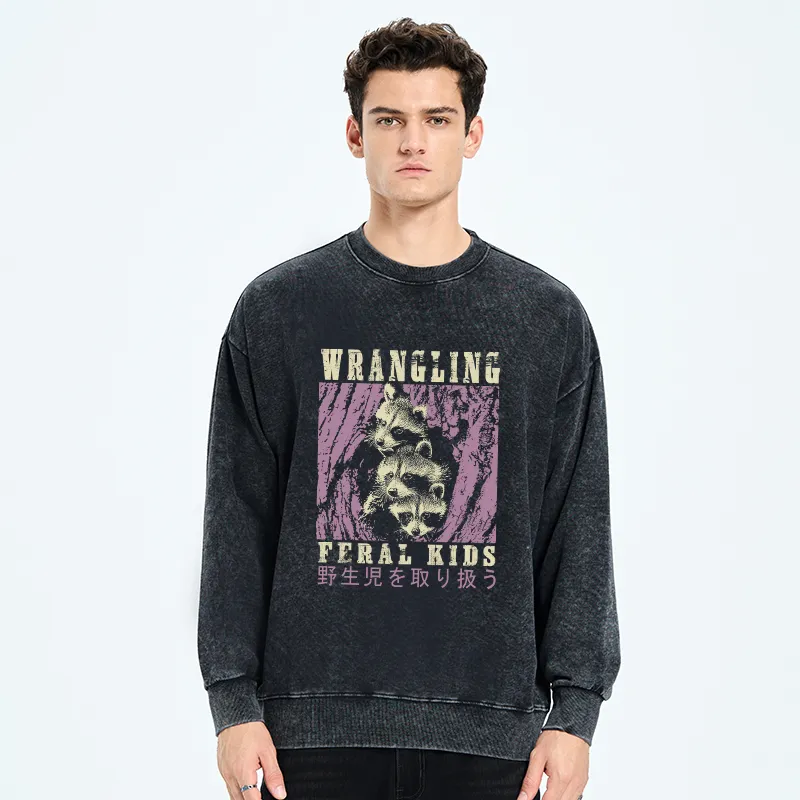 Tokyo-Tiger Wrangling Feral Raccoon Kids Washed Sweatshirt